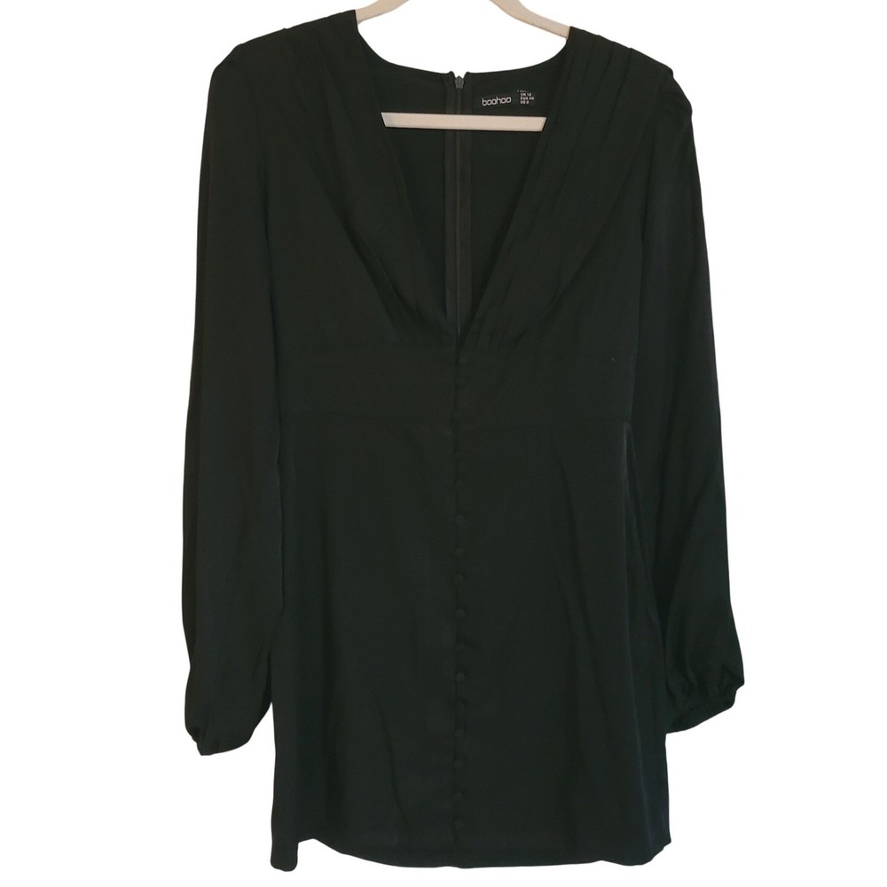 Boohoo Womens Black Pleated V-Neck Button Front Long Sleeve Mini Dress Size US 8
